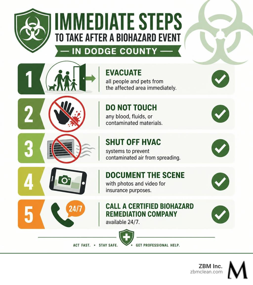Immediate steps to take after a biohazard event in Dodge County — checklist infographic infographic Immediate steps to take after a biohazard event in Dodge County — checklist infographic infographic