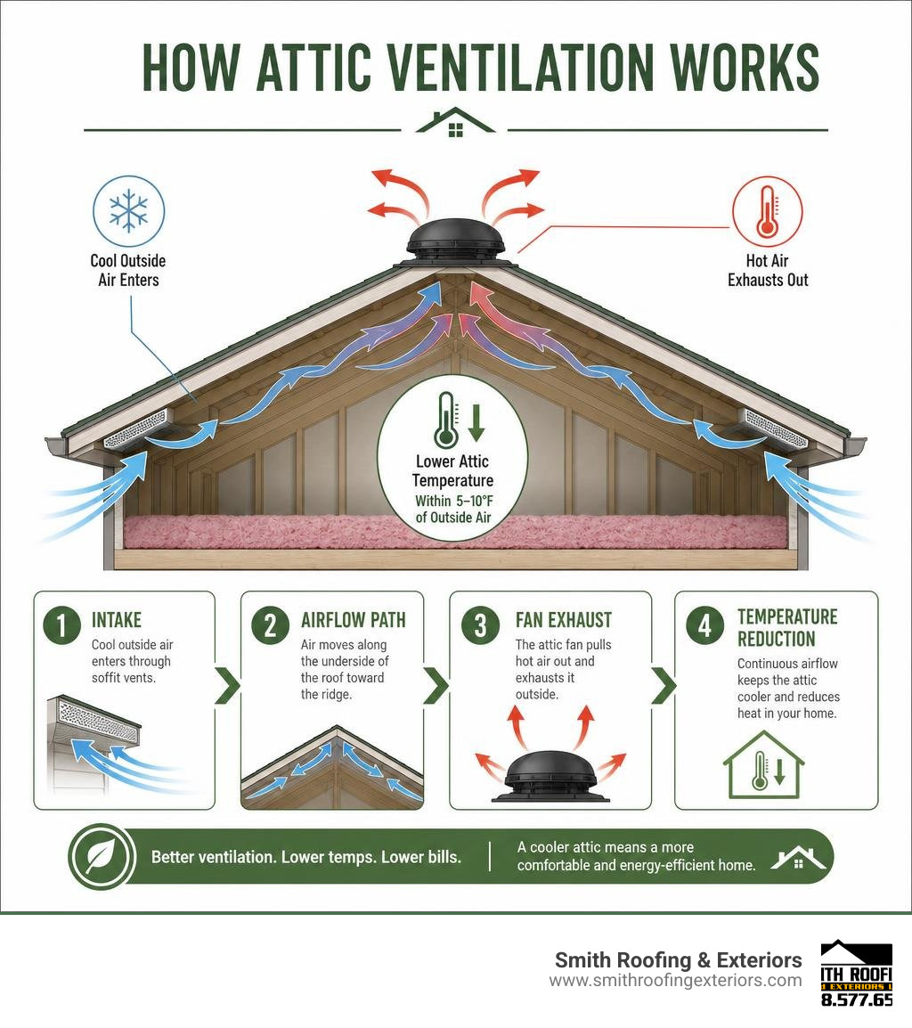How attic ventilation works: intake, airflow path, fan exhaust, and temperature reduction infographic How attic ventilation works: intake, airflow path, fan exhaust, and temperature reduction infographic