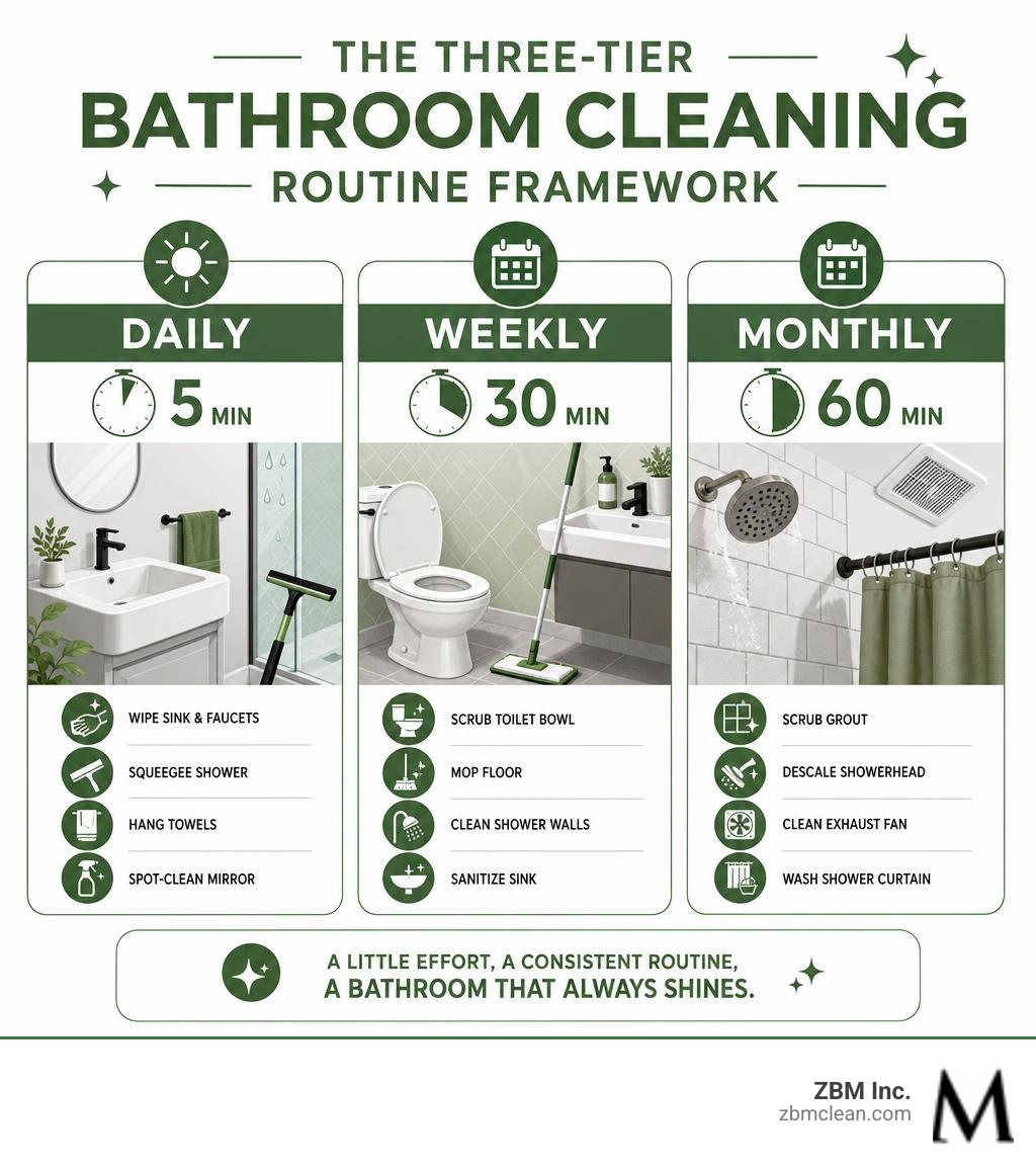 Three-tier bathroom cleaning routine framework: daily 5 min, weekly 30 min, monthly 60 min tasks infographic Three-tier bathroom cleaning routine framework: daily 5 min, weekly 30 min, monthly 60 min tasks infographic