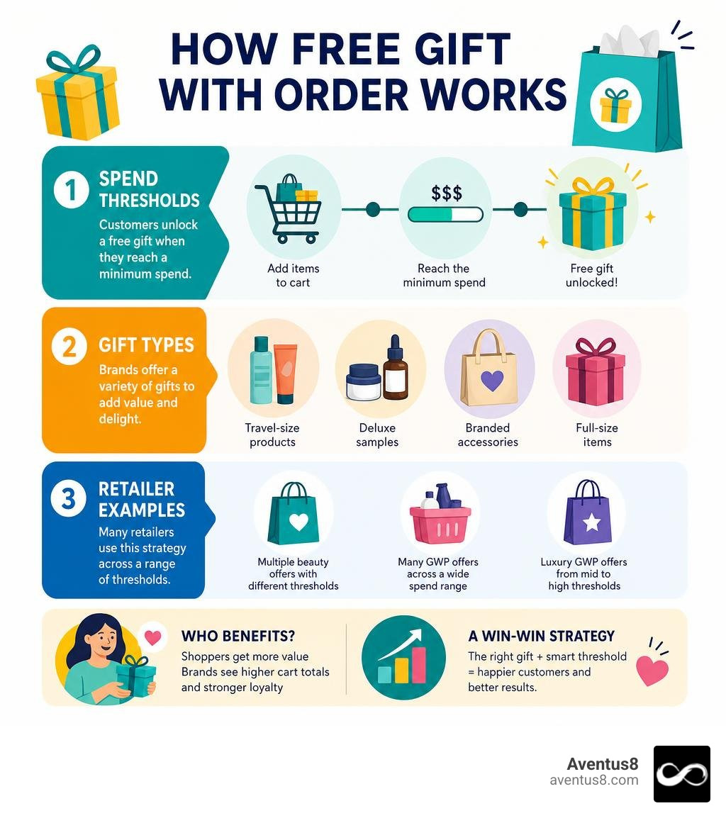 Infographic showing how free gift with order promotions work: spend thresholds, gift types, and retailer examples infographic Infographic showing how free gift with order promotions work: spend thresholds, gift types, and retailer examples infographic