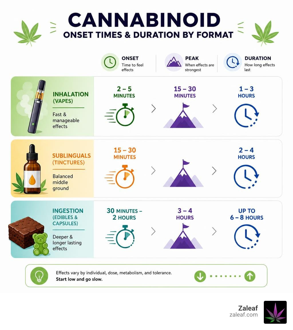 Infographic detailing cannabinoid onset times and duration by format infographic Infographic detailing cannabinoid onset times and duration by format infographic