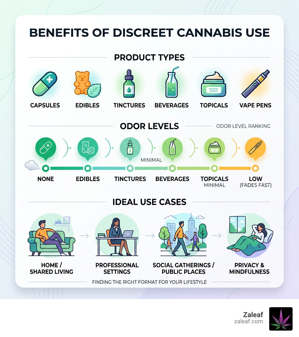 Benefits of discreet cannabis use infographic showing product types, odor levels, and ideal use cases infographic Benefits of discreet cannabis use infographic showing product types, odor levels, and ideal use cases infographic