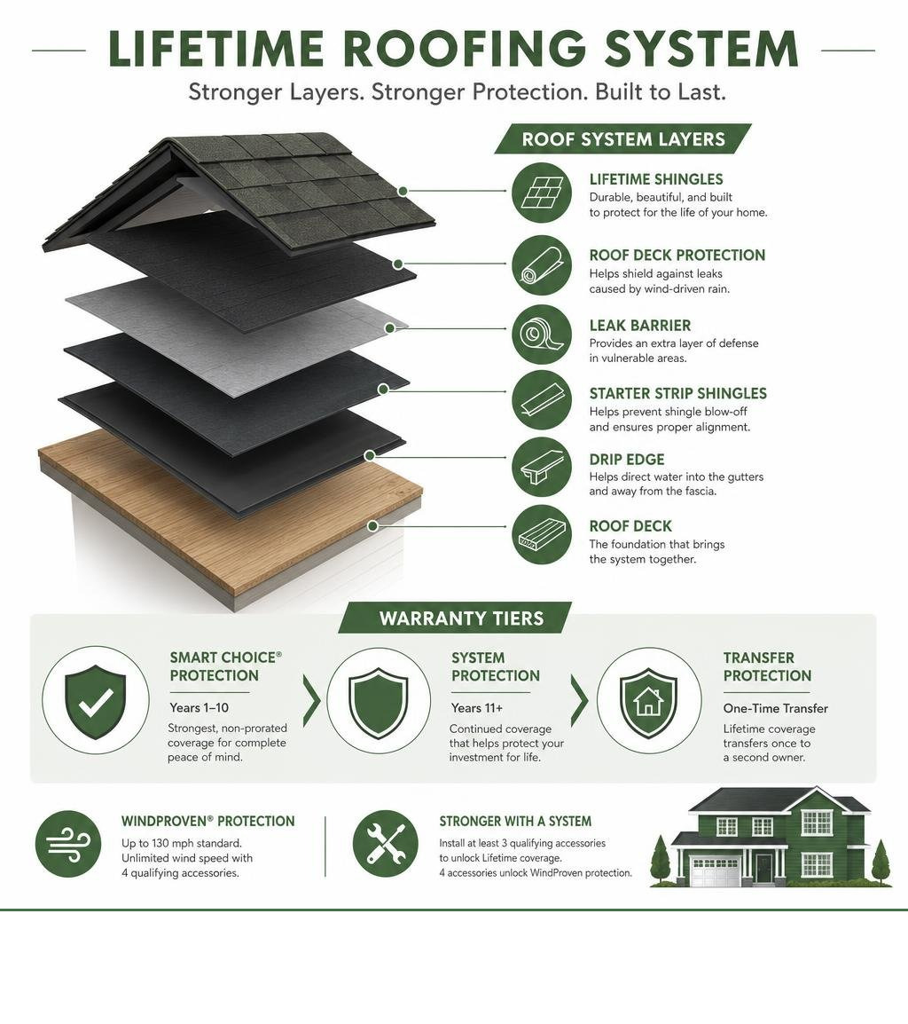 GAF Lifetime Roofing System layers infographic showing shingle components and warranty tiers infographic GAF Lifetime Roofing System layers infographic showing shingle components and warranty tiers infographic