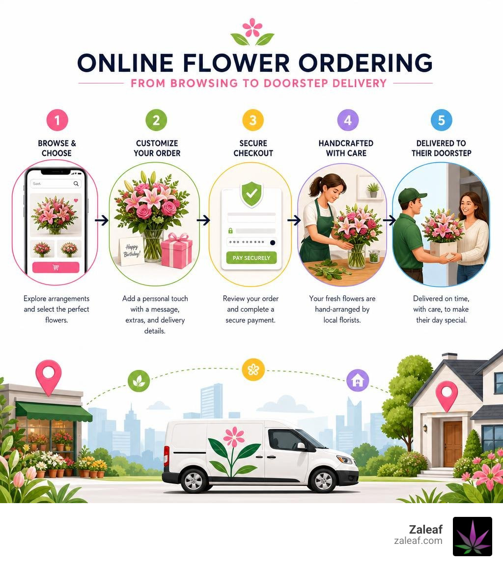 Infographic showing the online flower ordering process from browsing to doorstep delivery infographic Infographic showing the online flower ordering process from browsing to doorstep delivery infographic