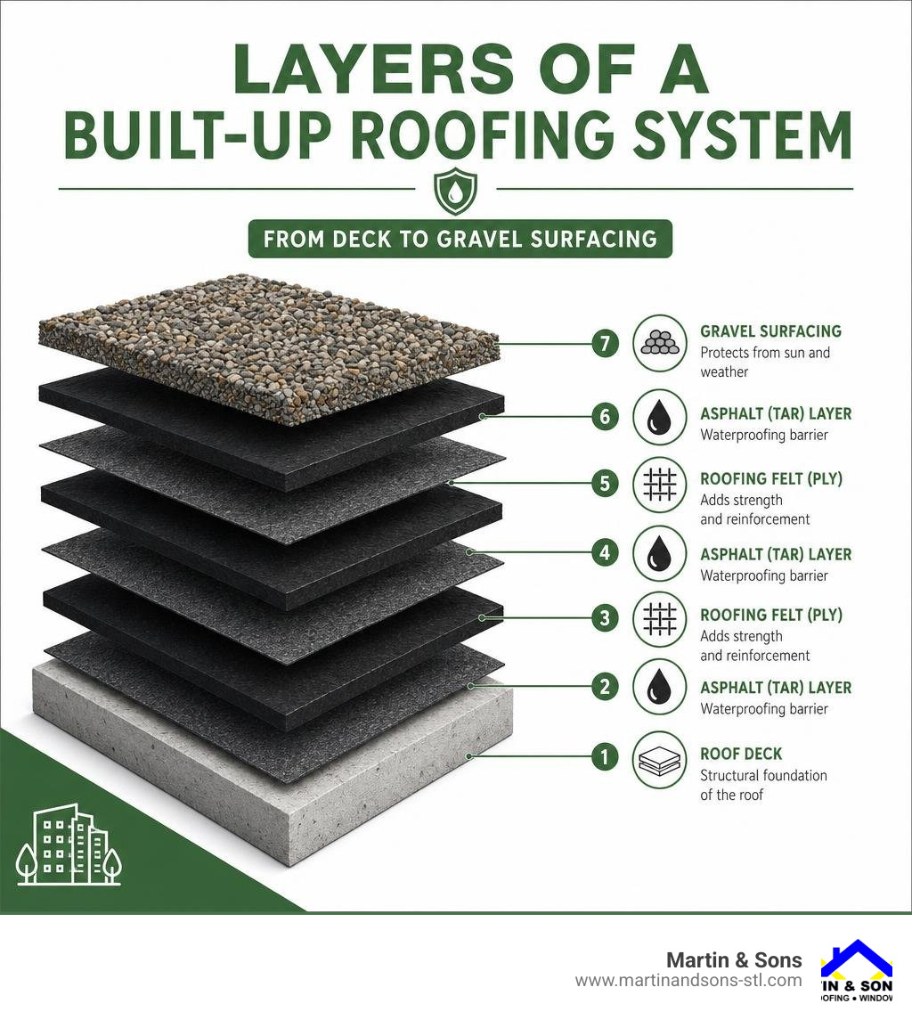 Layers of a built-up roofing system from deck to gravel surfacing with labels infographic Layers of a built-up roofing system from deck to gravel surfacing with labels infographic