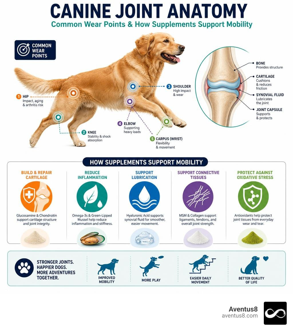 Canine joint anatomy infographic showing common wear points and how supplements support mobility infographic Canine joint anatomy infographic showing common wear points and how supplements support mobility infographic