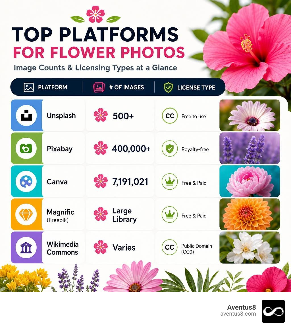 Infographic showing top platforms for finding flower photos with image counts and licensing types infographic Infographic showing top platforms for finding flower photos with image counts and licensing types infographic