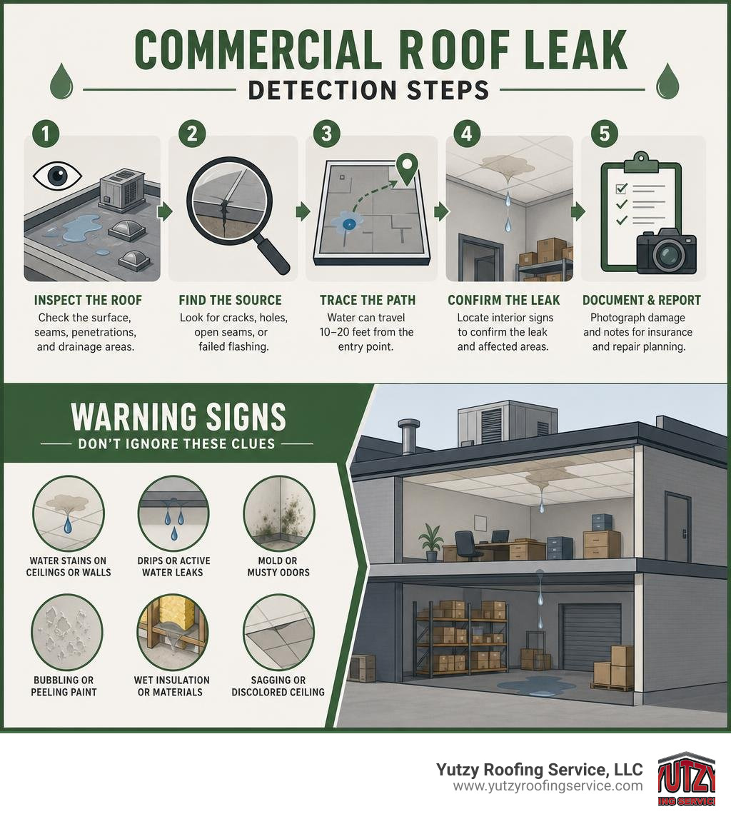 Commercial roof leak detection steps and warning signs infographic infographic Commercial roof leak detection steps and warning signs infographic infographic