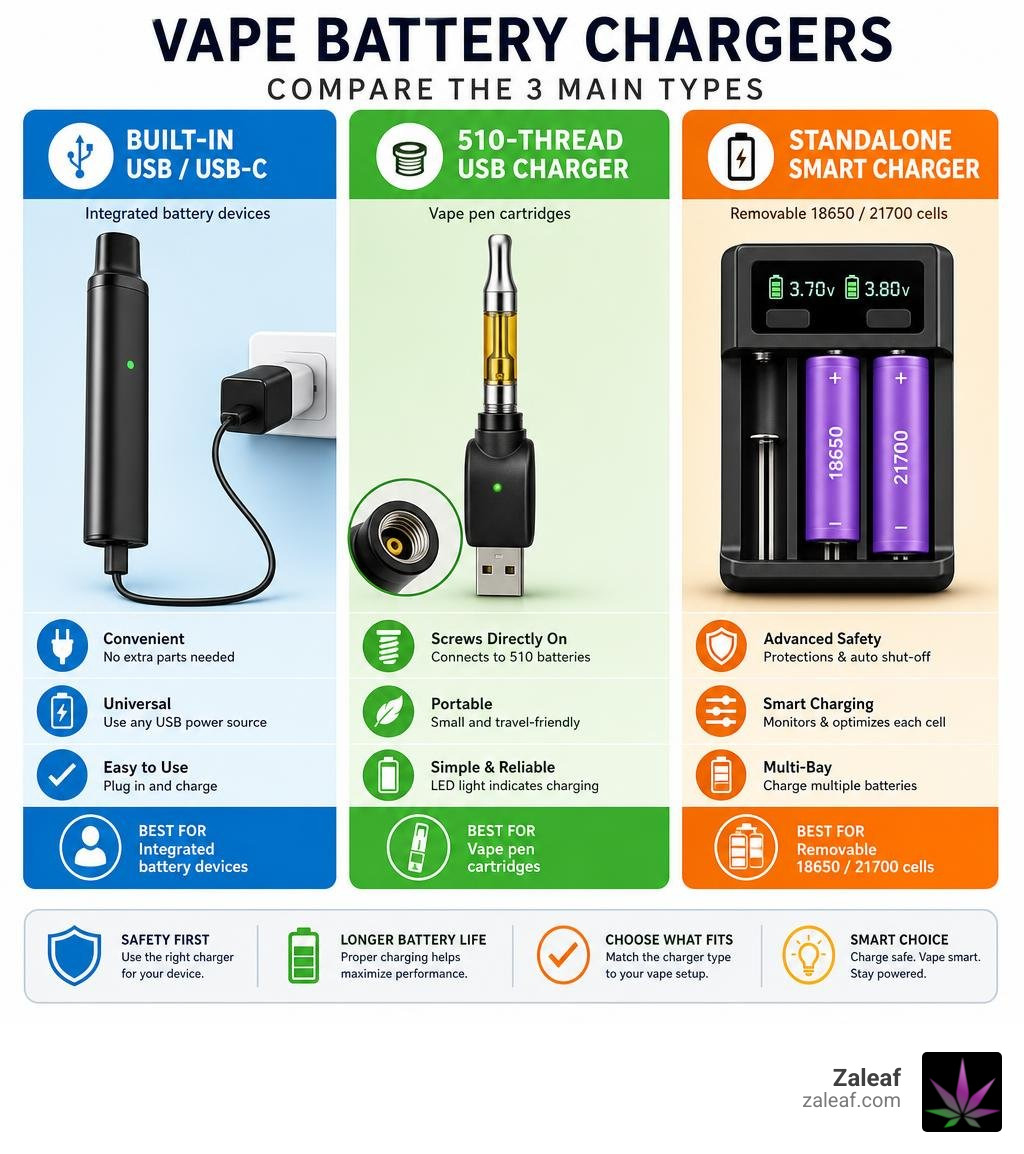 Infographic comparing USB, 510-thread, and standalone vape battery charger types and features infographic Infographic comparing USB, 510-thread, and standalone vape battery charger types and features infographic