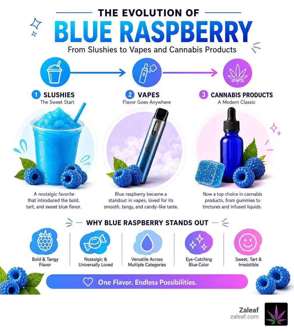 Evolution of blue raspberry flavor from slushies to vapes and cannabis products infographic infographic Evolution of blue raspberry flavor from slushies to vapes and cannabis products infographic infographic