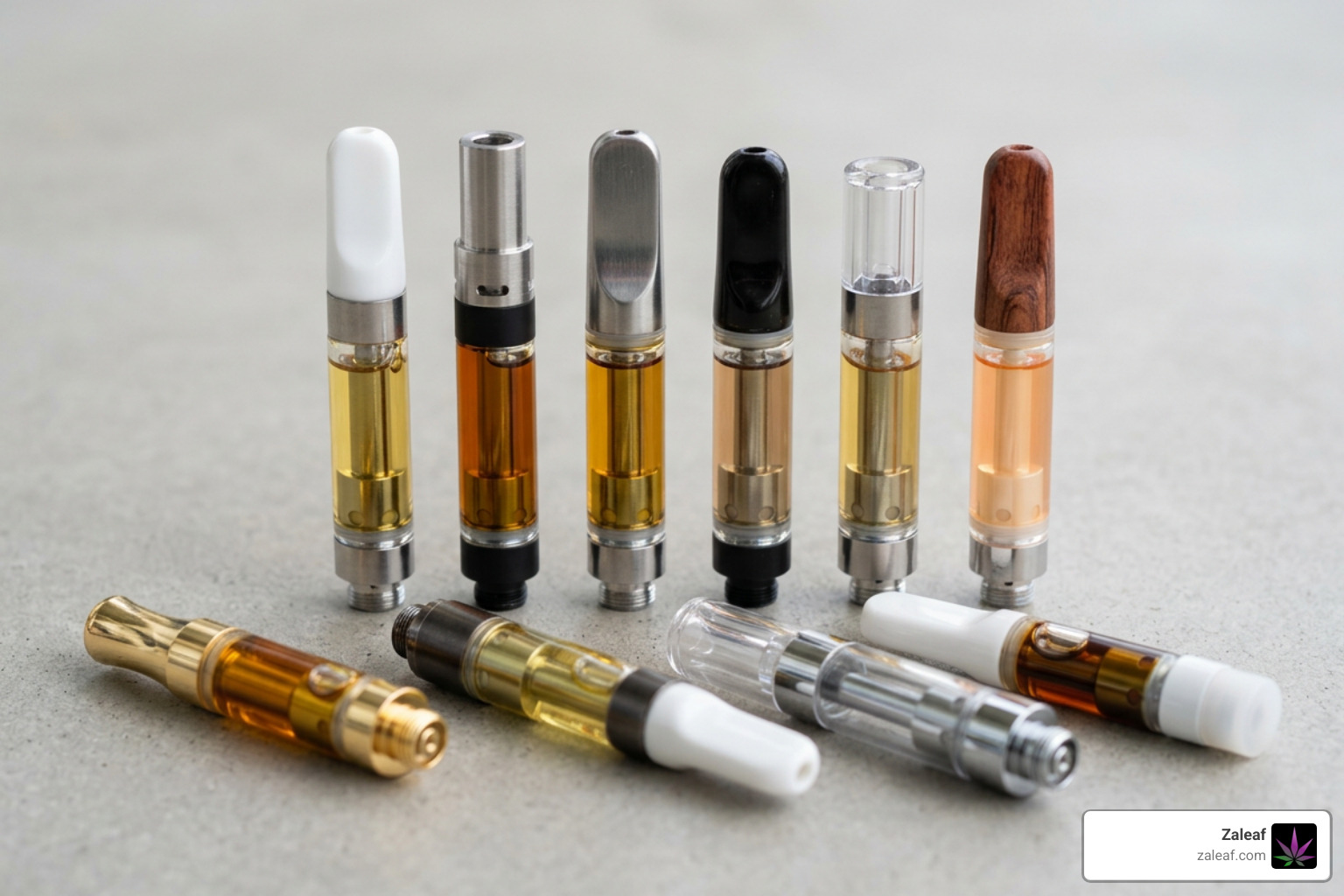 A collection of hybrid vape cartridges showing different oil colors and hardware styles A collection of hybrid vape cartridges showing different oil colors and hardware styles