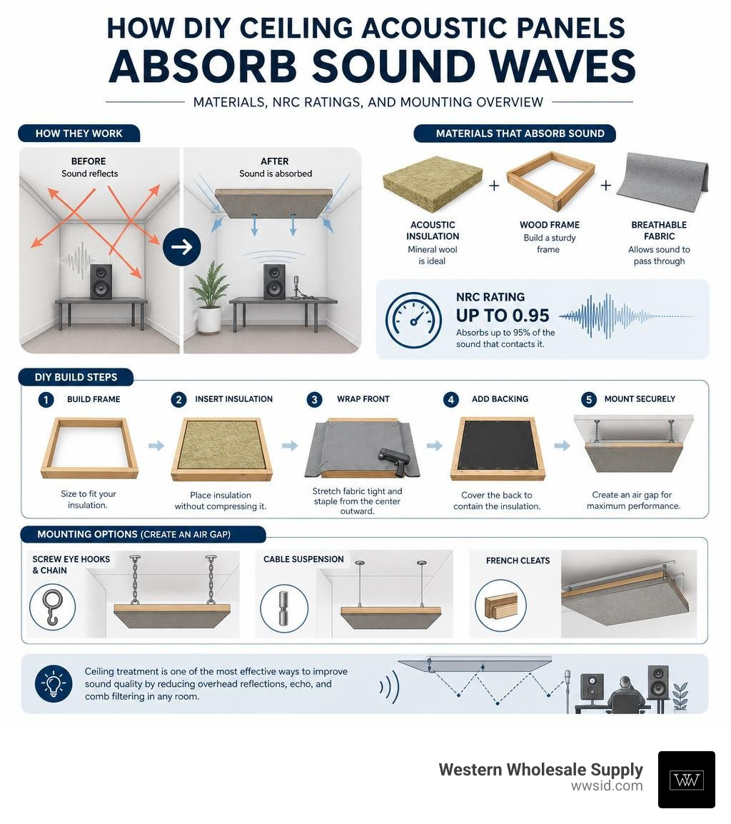 How DIY ceiling acoustic panels absorb sound waves — materials, NRC ratings, and mounting overview infographic How DIY ceiling acoustic panels absorb sound waves — materials, NRC ratings, and mounting overview infographic