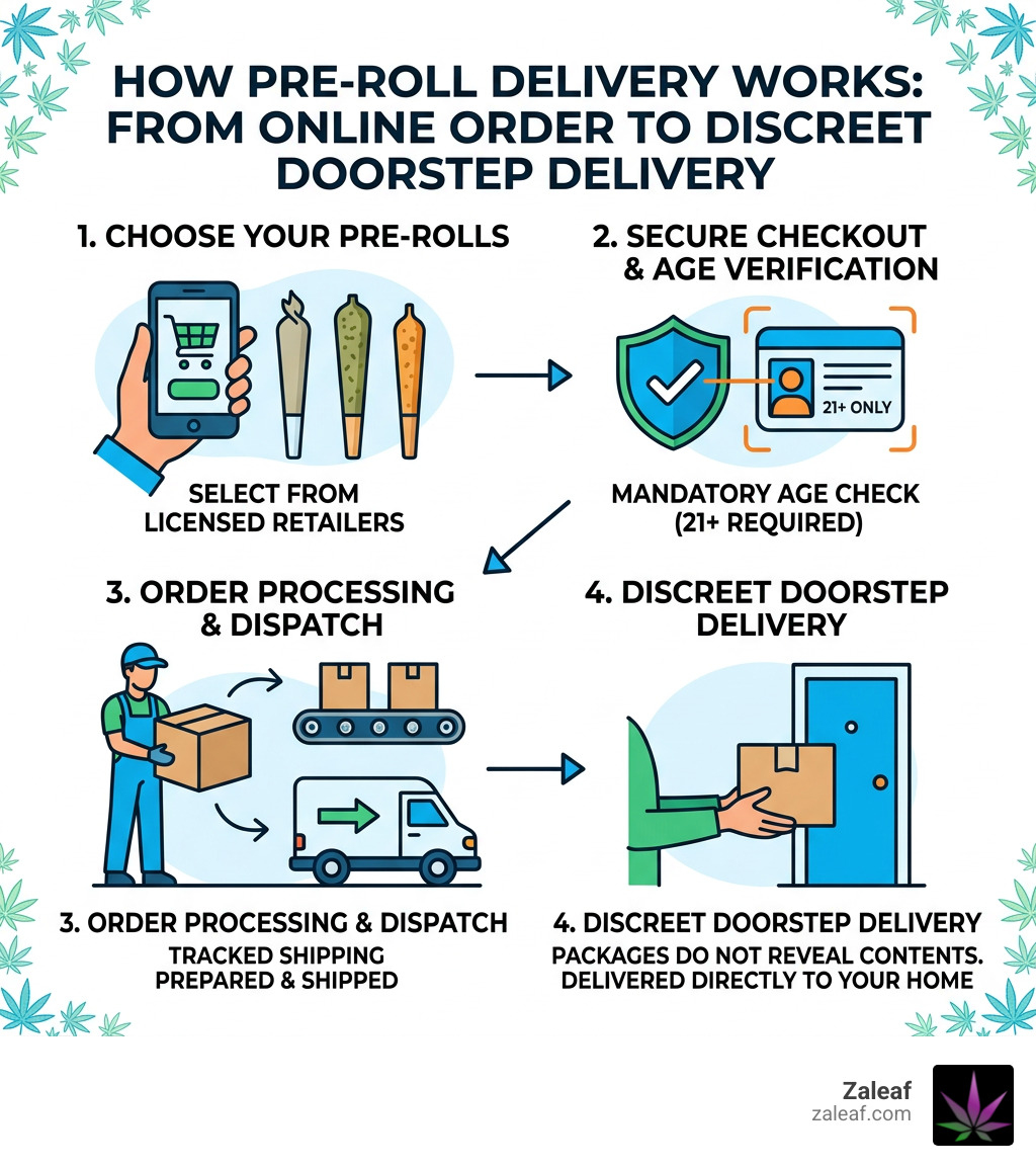 How pre-roll delivery works: from online order to discreet doorstep delivery infographic How pre-roll delivery works: from online order to discreet doorstep delivery infographic