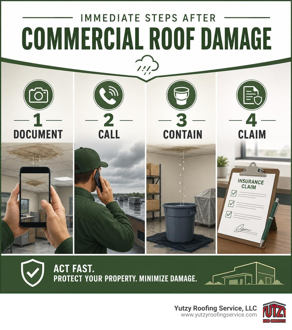 Immediate steps after commercial roof damage: document, call, contain, claim infographic Immediate steps after commercial roof damage: document, call, contain, claim infographic