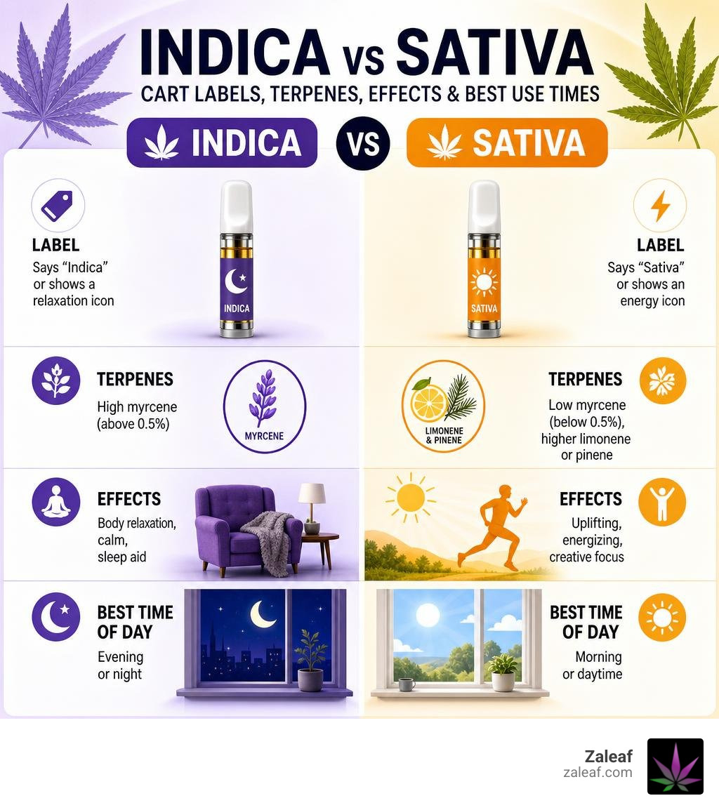 Infographic comparing indica vs sativa cart labels, terpenes, effects, and best use times infographic Infographic comparing indica vs sativa cart labels, terpenes, effects, and best use times infographic