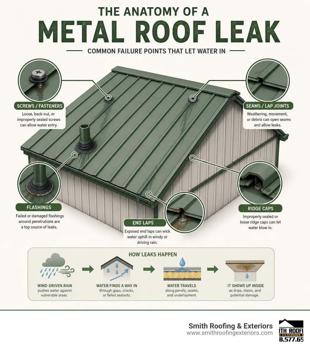 anatomy of a metal roof leak showing common failure points like screws, seams, and flashings infographic anatomy of a metal roof leak showing common failure points like screws, seams, and flashings infographic