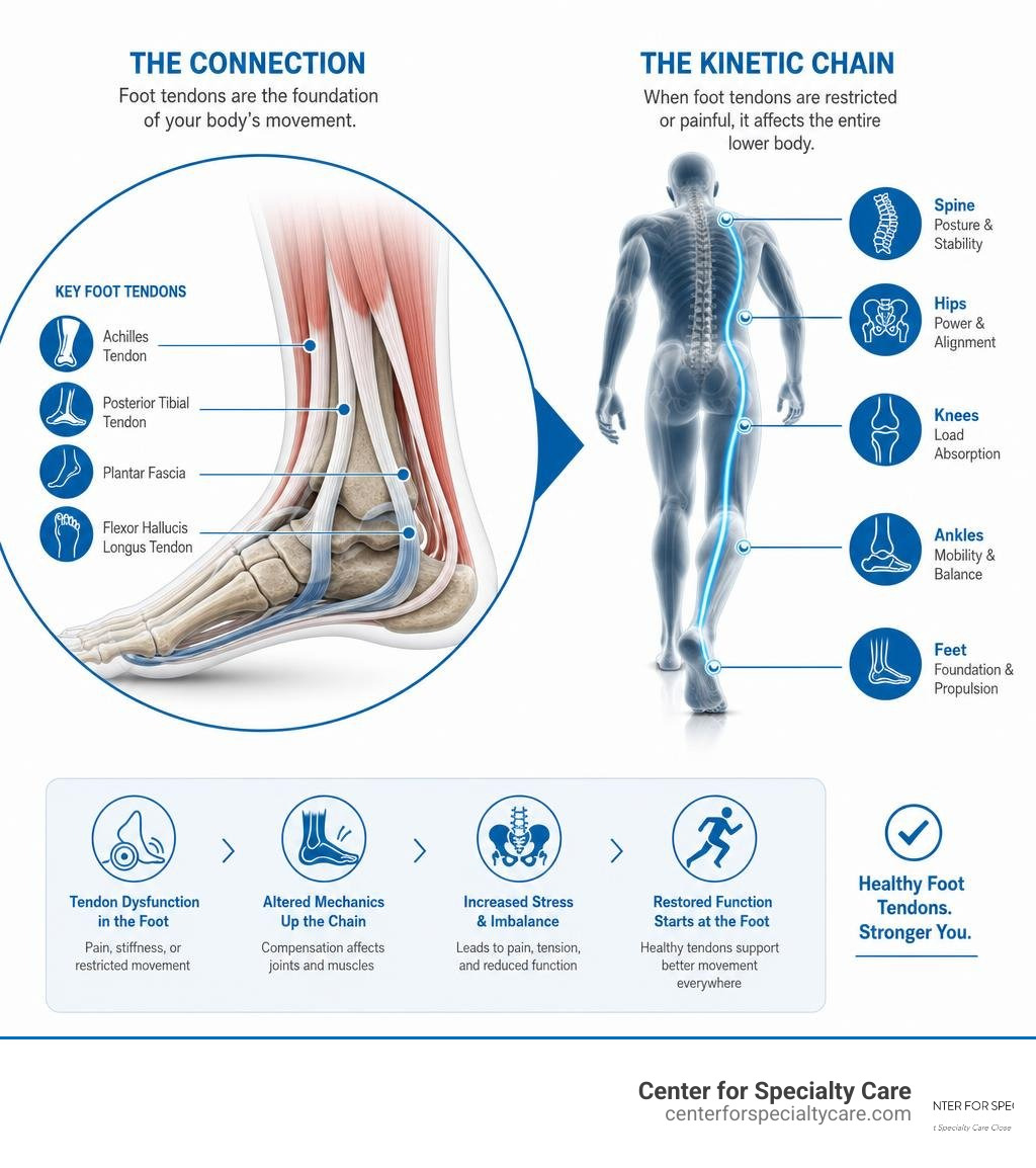 Biomechanical connection between foot tendons and the lower body kinetic chain infographic