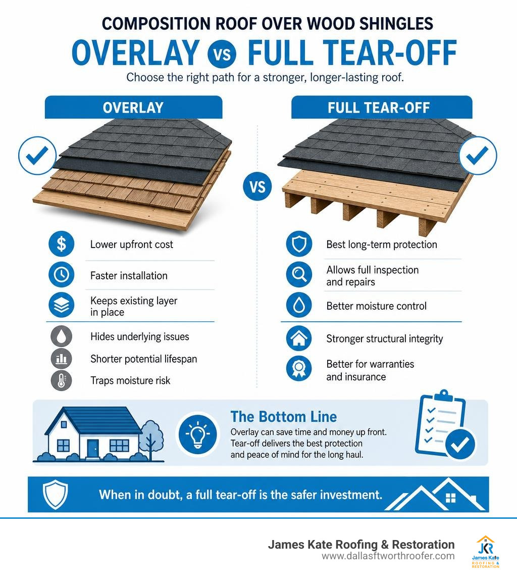 Infographic comparing overlay vs full tear-off for composition roof over wood shingles decision infographic Infographic comparing overlay vs full tear-off for composition roof over wood shingles decision infographic