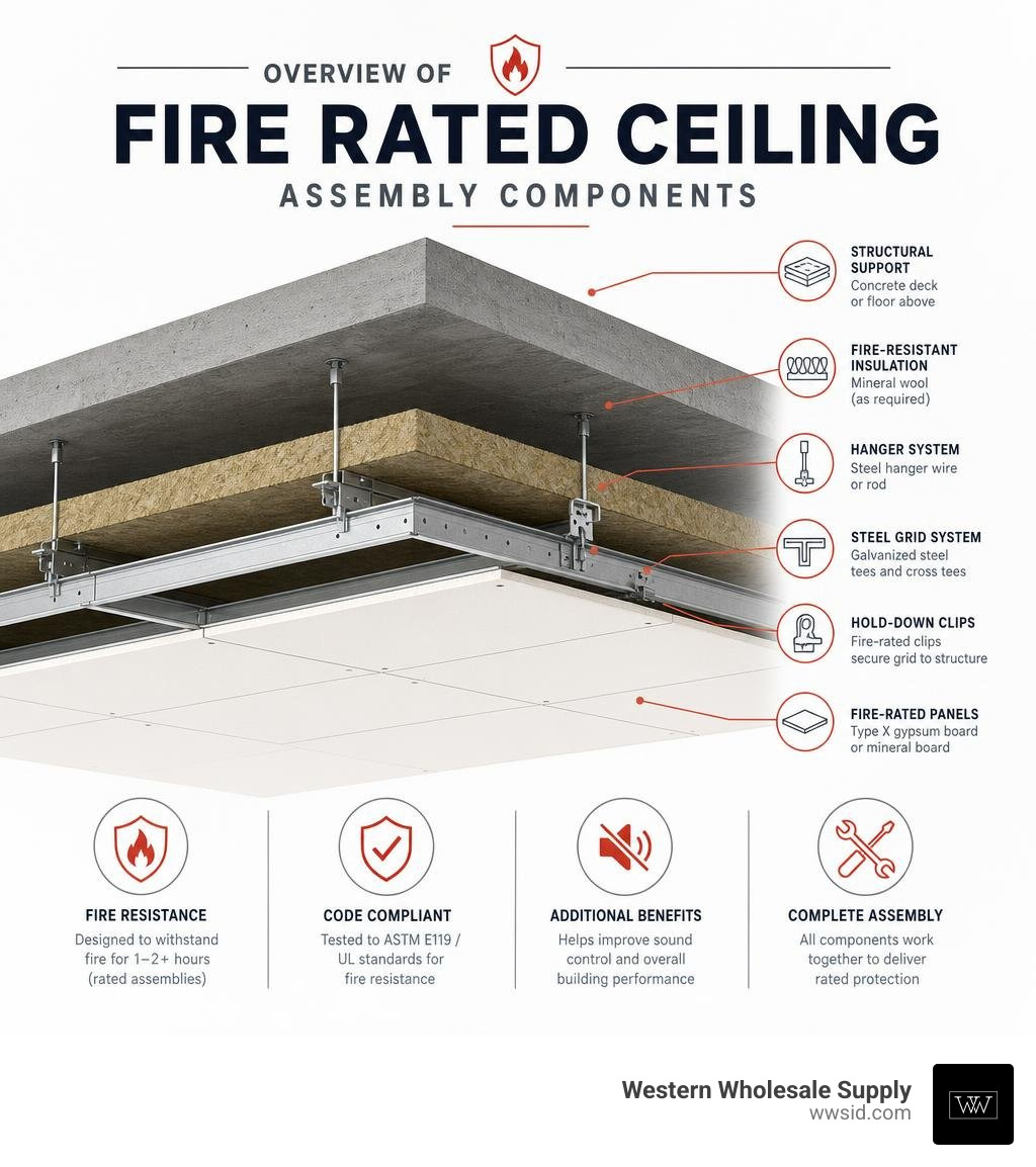 Overview of fire rated ceiling assembly components infographic Overview of fire rated ceiling assembly components infographic