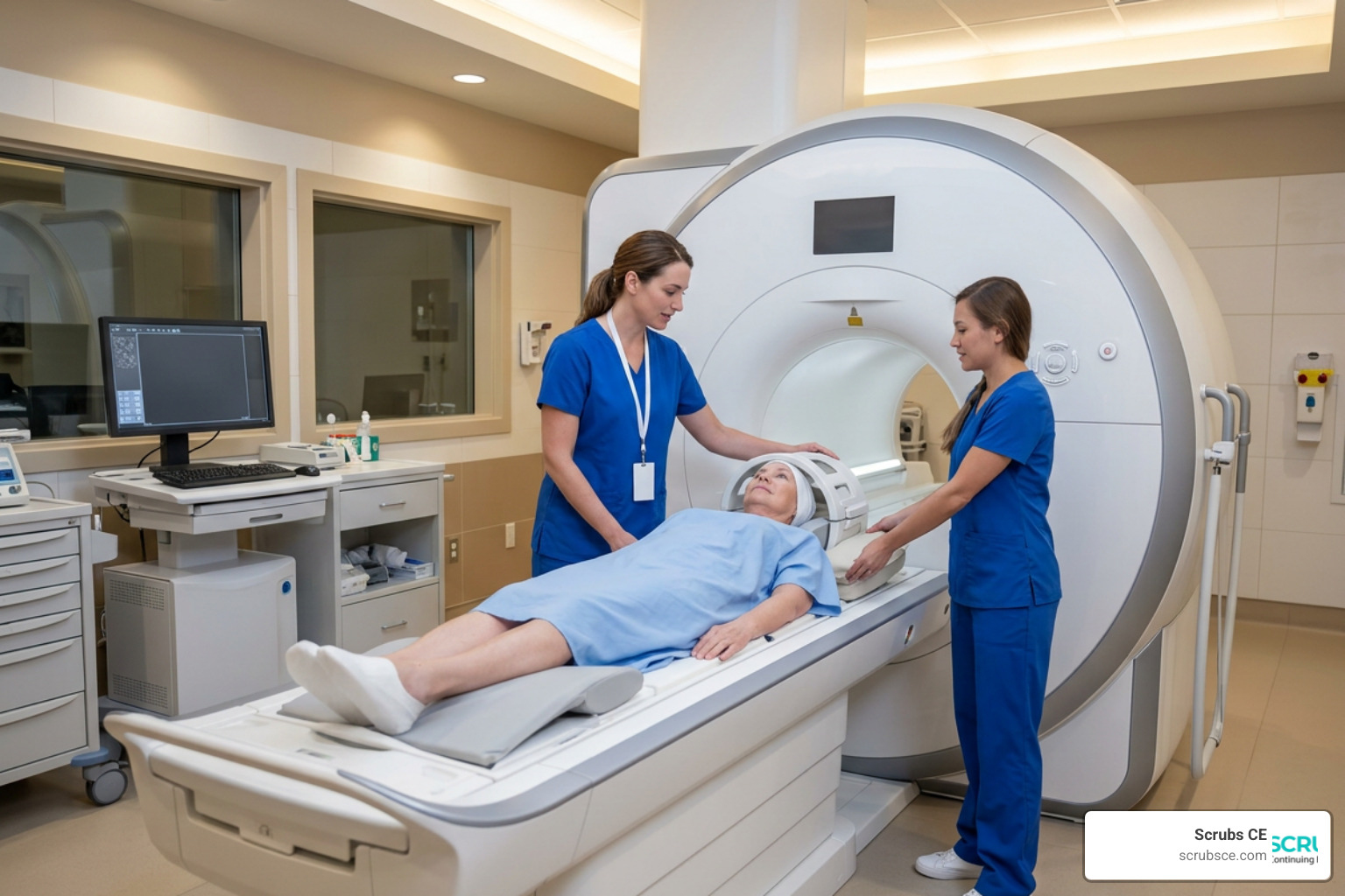 An MRI technologist positioning a patient on the scanner table for a diagnostic brain scan An MRI technologist positioning a patient on the scanner table for a diagnostic brain scan