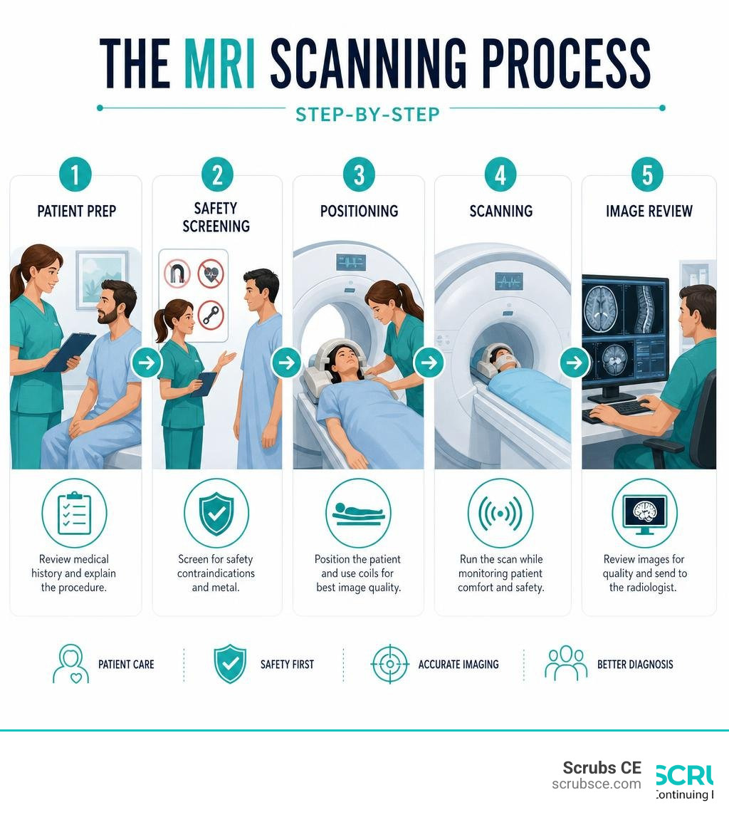 Step-by-step MRI scanning process infographic showing patient prep, safety screening, positioning, scanning, and image Step-by-step MRI scanning process infographic showing patient prep, safety screening, positioning, scanning, and image