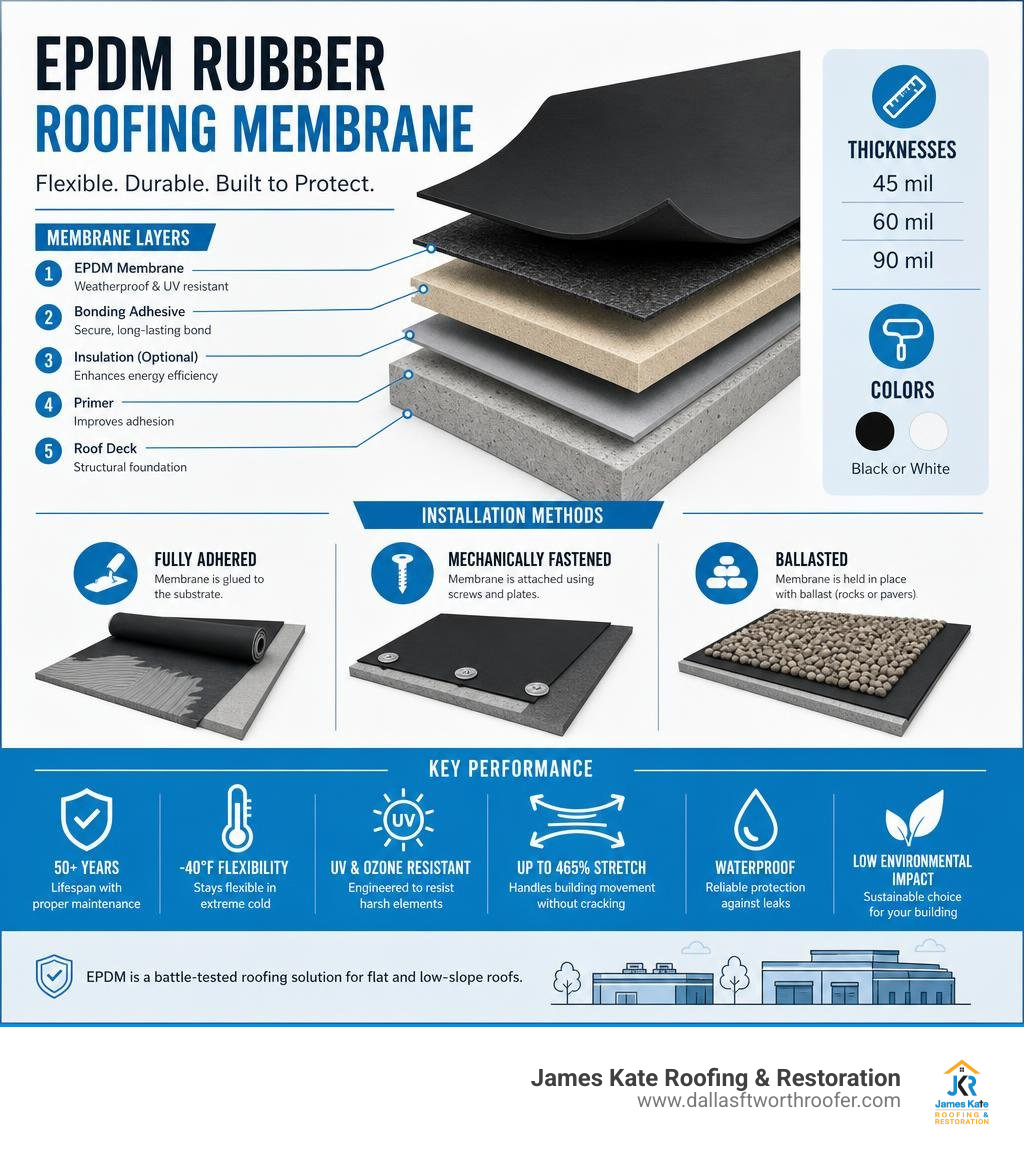 Infographic showing EPDM membrane layers, thicknesses, installation methods, and key performance stats infographic Infographic showing EPDM membrane layers, thicknesses, installation methods, and key performance stats infographic
