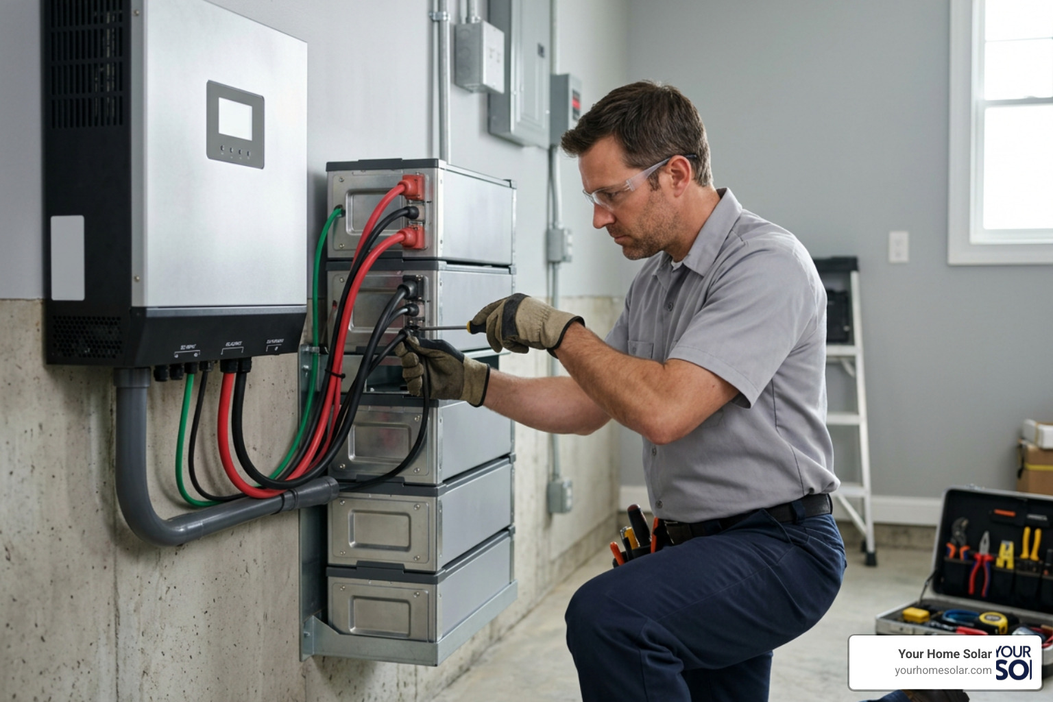 Professional technician installing a modular home lithium battery bank next to a hybrid inverter Professional technician installing a modular home lithium battery bank next to a hybrid inverter