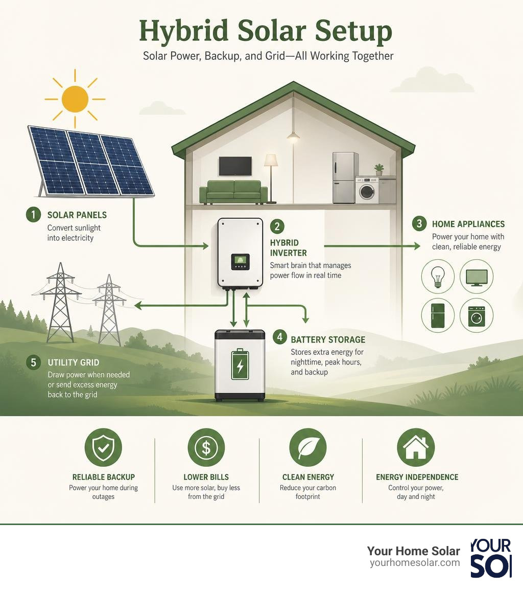 Infographic explaining how a hybrid solar setup connects solar panels, a hybrid inverter, home appliances, battery storage Infographic explaining how a hybrid solar setup connects solar panels, a hybrid inverter, home appliances, battery storage