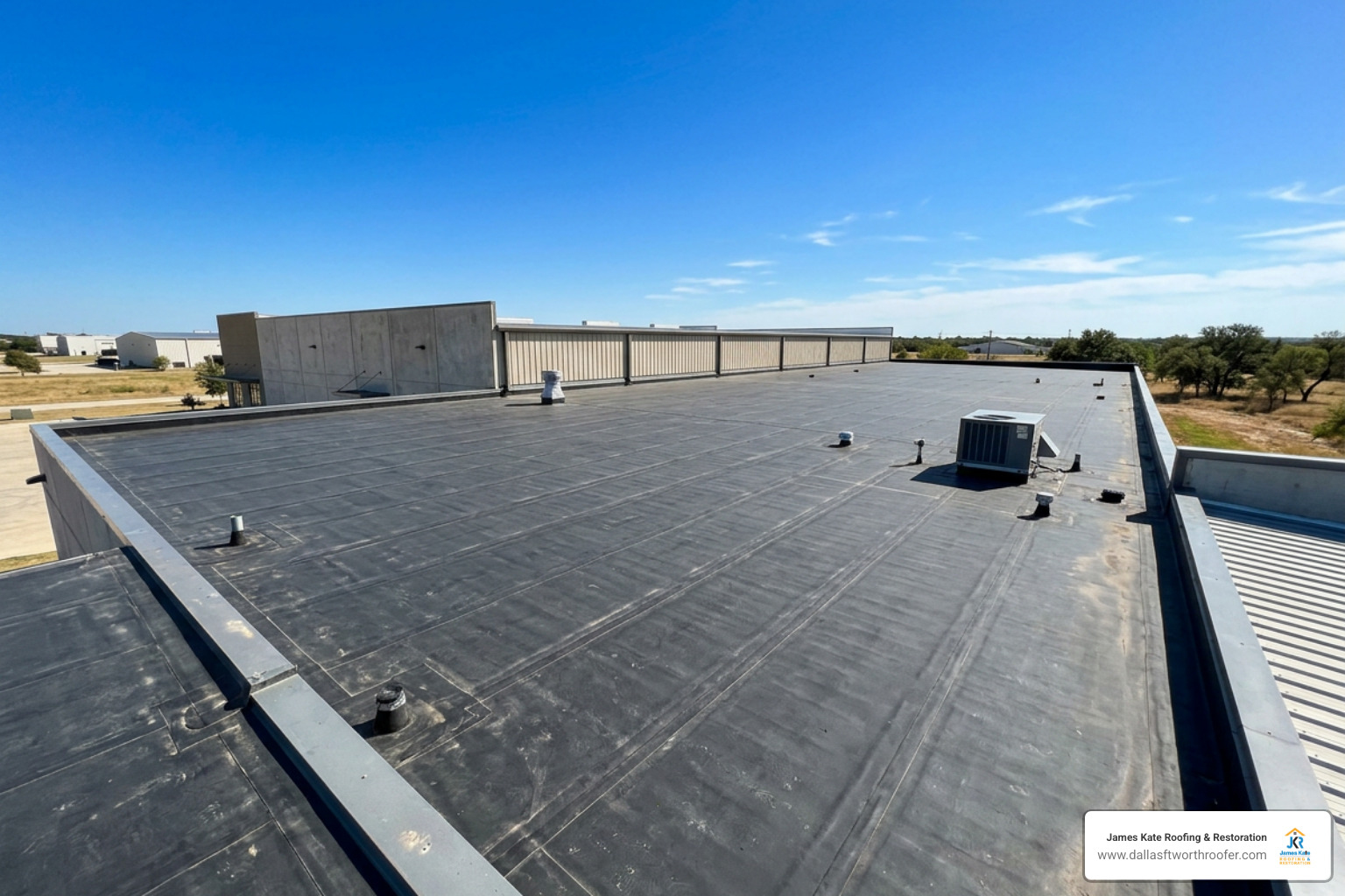 EPDM rubber roofing membrane showcasing extreme weather resistance under direct Texas sun EPDM rubber roofing membrane showcasing extreme weather resistance under direct Texas sun