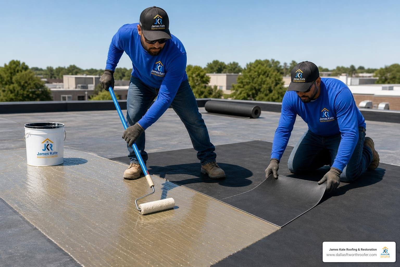 Our professional commercial roofers wearing royal blue James Kate shirts applying bonding adhesive to install an EPDM Our professional commercial roofers wearing royal blue James Kate shirts applying bonding adhesive to install an EPDM