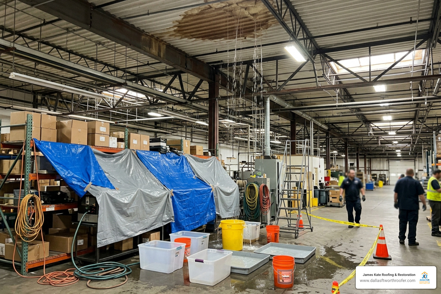 Emergency roof leak containment with drip trays inside a facility Emergency roof leak containment with drip trays inside a facility