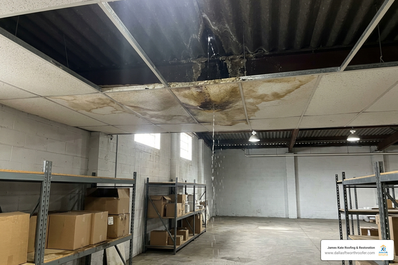 Water damage inside a DFW building caused by a leaking roof Water damage inside a DFW building caused by a leaking roof