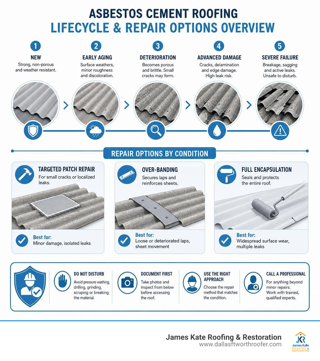 Lifecycle and degradation stages of asbestos cement roofing with repair options overview infographic Lifecycle and degradation stages of asbestos cement roofing with repair options overview infographic