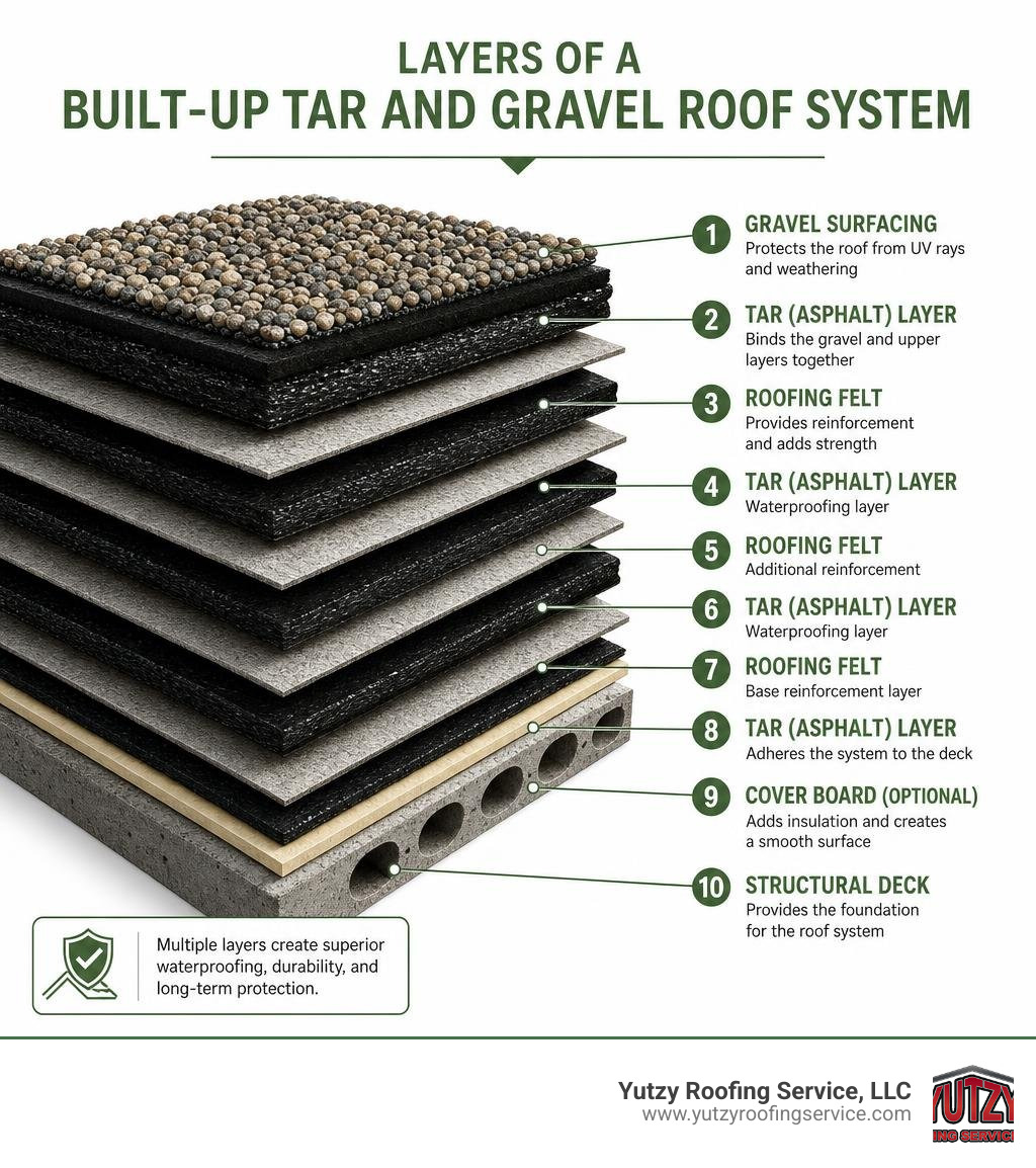 Layers of a built-up tar and gravel roof system with labels for each ply infographic Layers of a built-up tar and gravel roof system with labels for each ply infographic