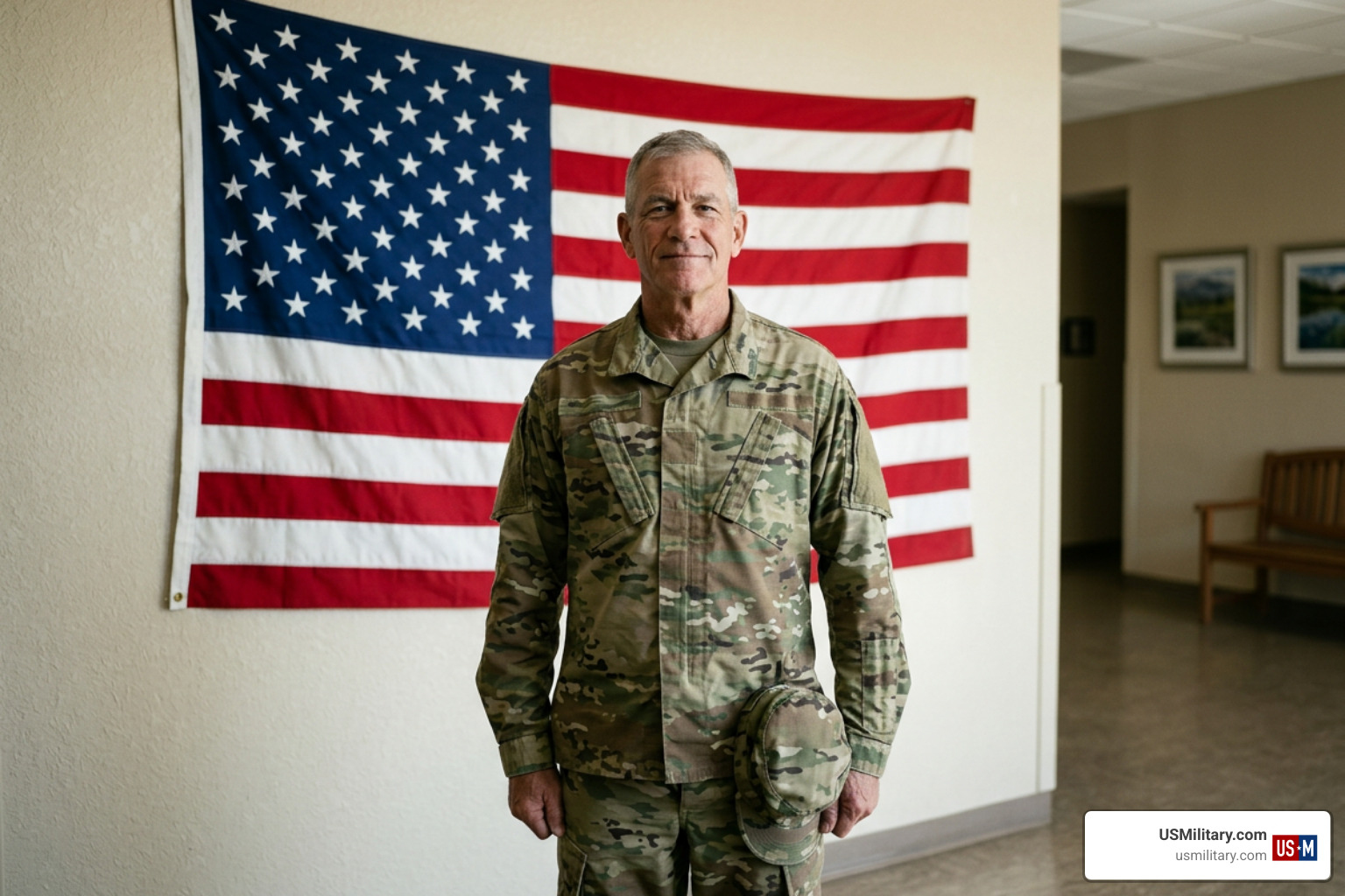 An older service member in uniform standing proudly in front of an American flag An older service member in uniform standing proudly in front of an American flag