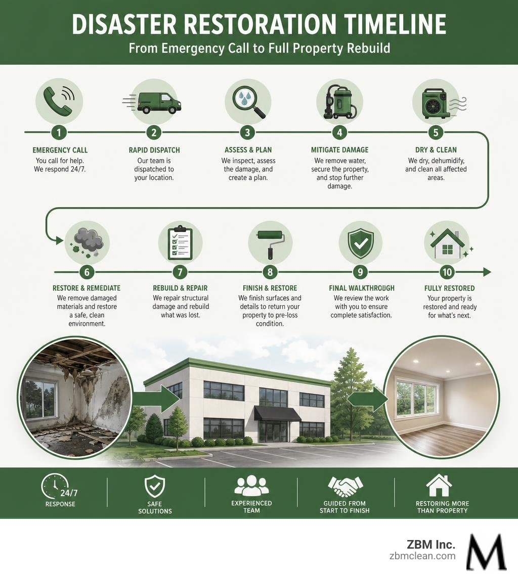 Step-by-step disaster restoration timeline from emergency call to full property rebuild infographic Step-by-step disaster restoration timeline from emergency call to full property rebuild infographic