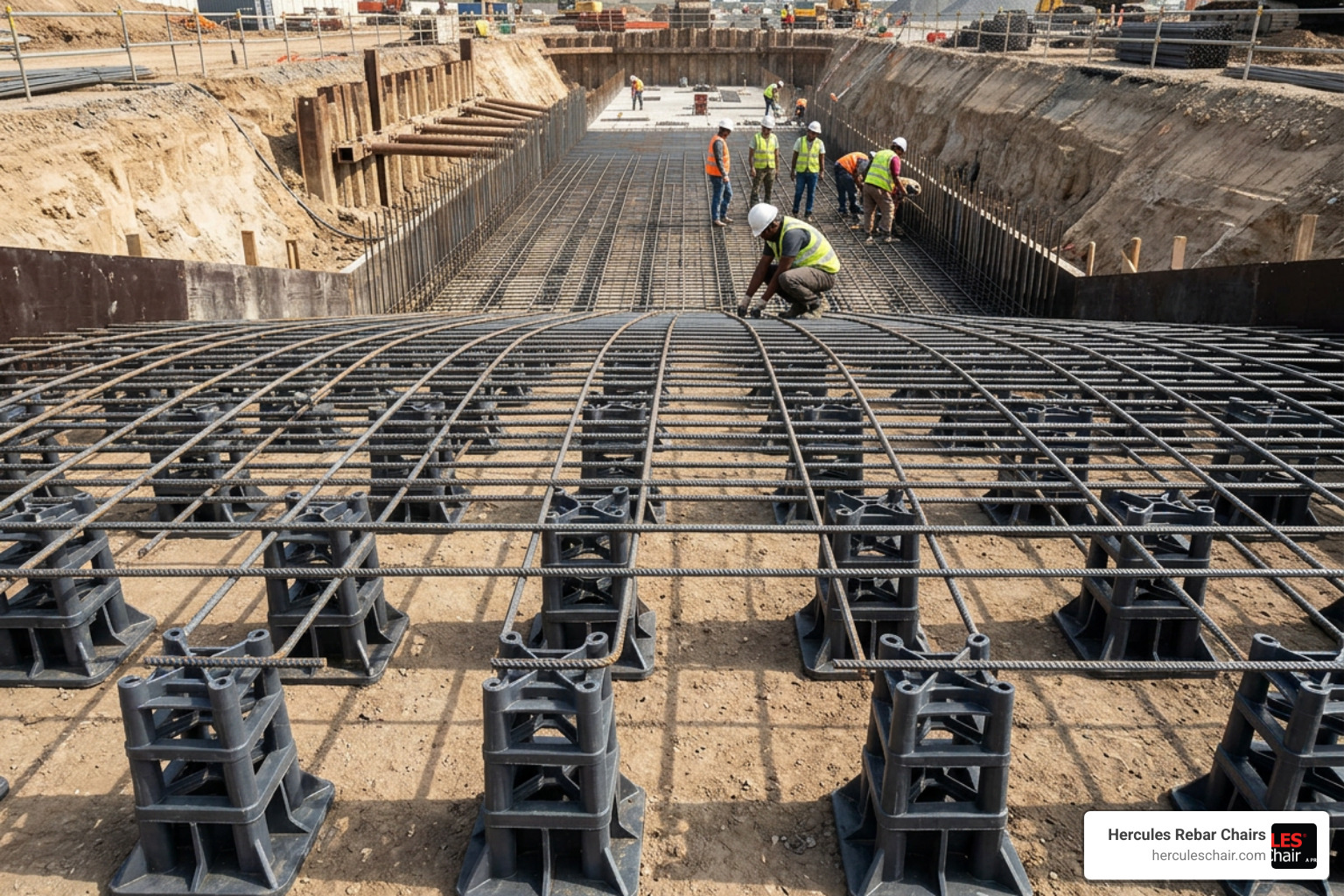 heavy-duty high-capacity plastic rebar chairs in a deep concrete foundation
