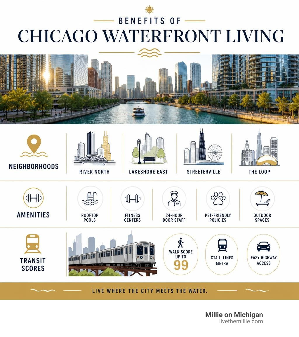 Benefits of Chicago waterfront living infographic with neighborhoods, amenities, and transit scores infographic Benefits of Chicago waterfront living infographic with neighborhoods, amenities, and transit scores infographic