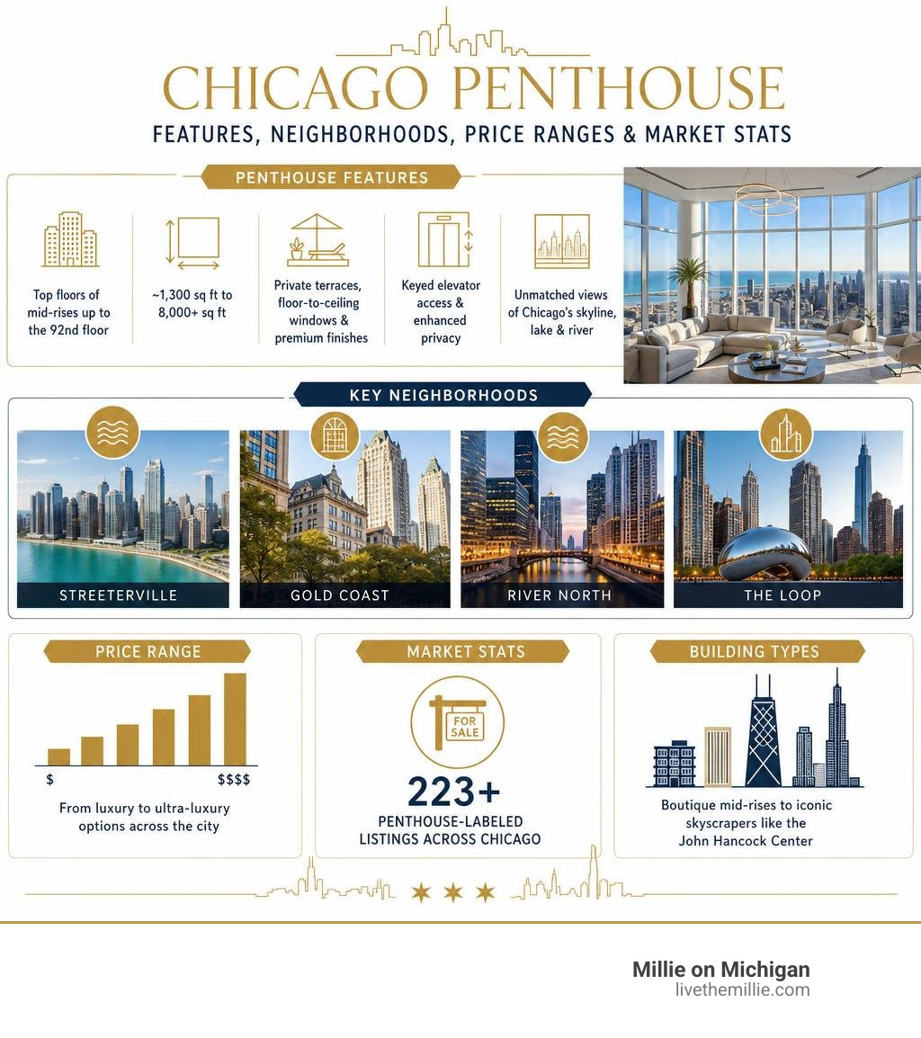 Chicago penthouse features, neighborhoods, and key market stats infographic Chicago penthouse features, neighborhoods, and key market stats infographic