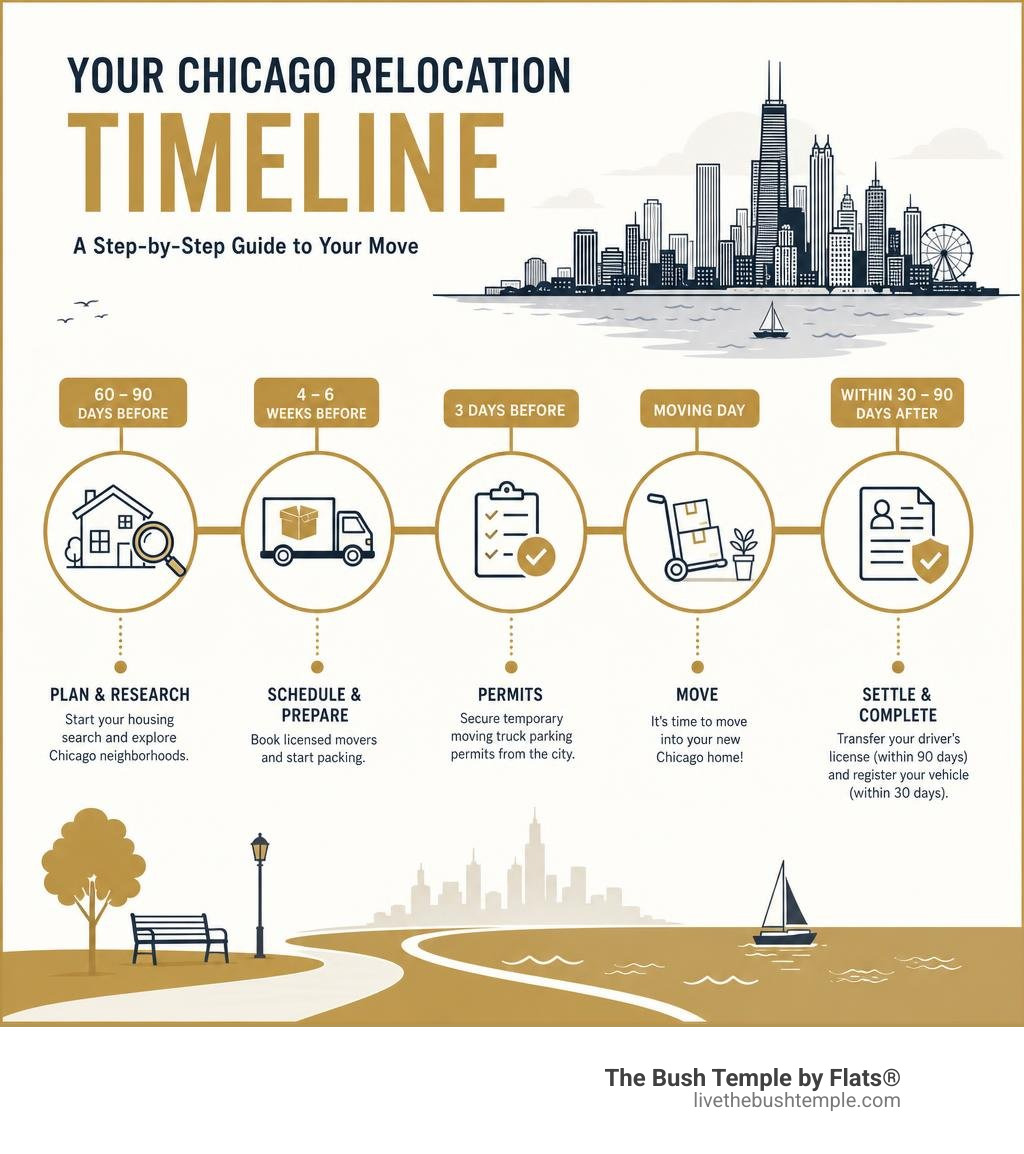Timeline explaining the Chicago relocation timeline infographic