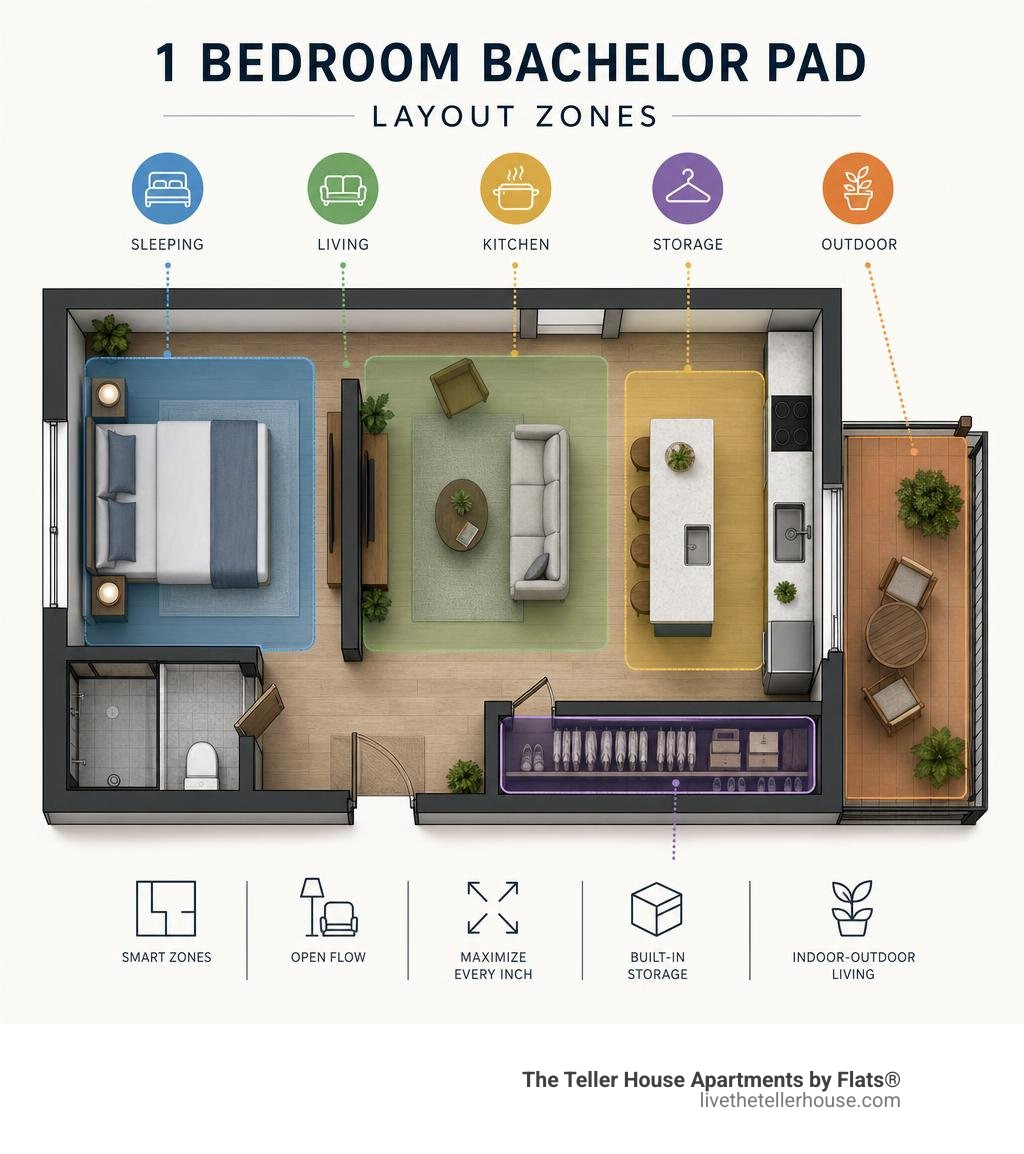 Infographic showing 1 bedroom bachelor pad layout zones: sleeping, living, kitchen, storage, outdoor infographic