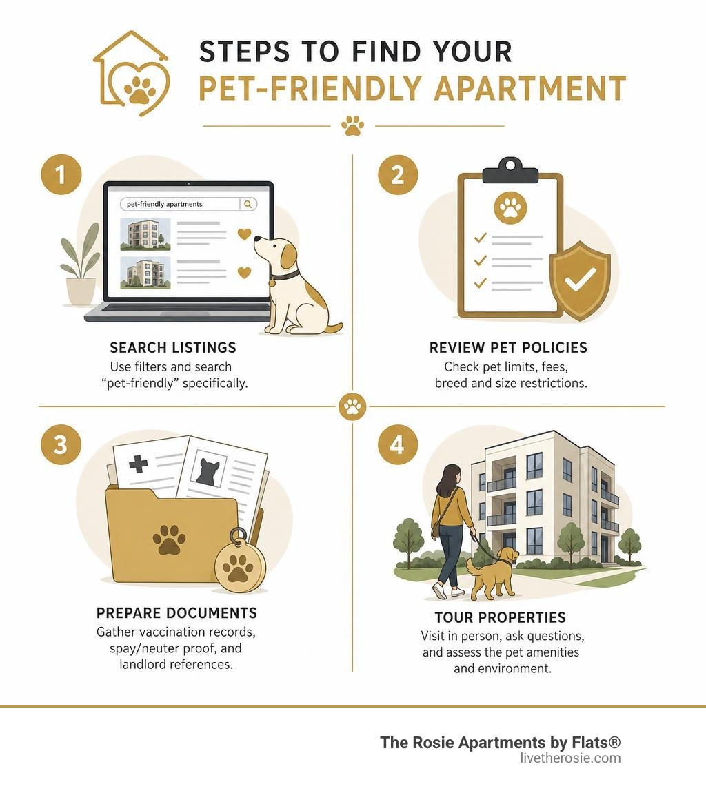 Infographic showing steps to find a pet-friendly apartment including searching listings, reviewing pet policies, preparing