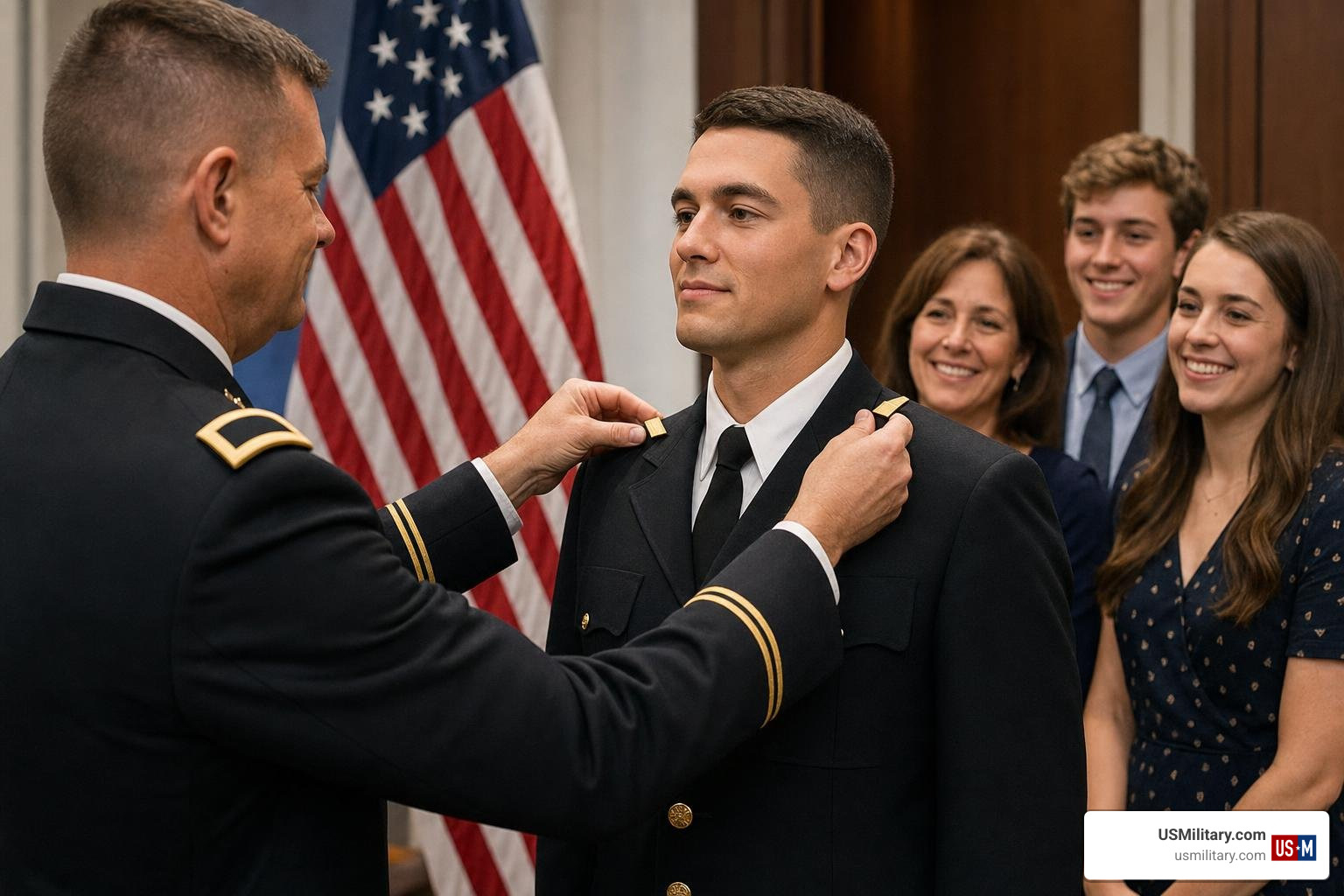 A military officer commissioning ceremony with gold bars and proud family members A military officer commissioning ceremony with gold bars and proud family members