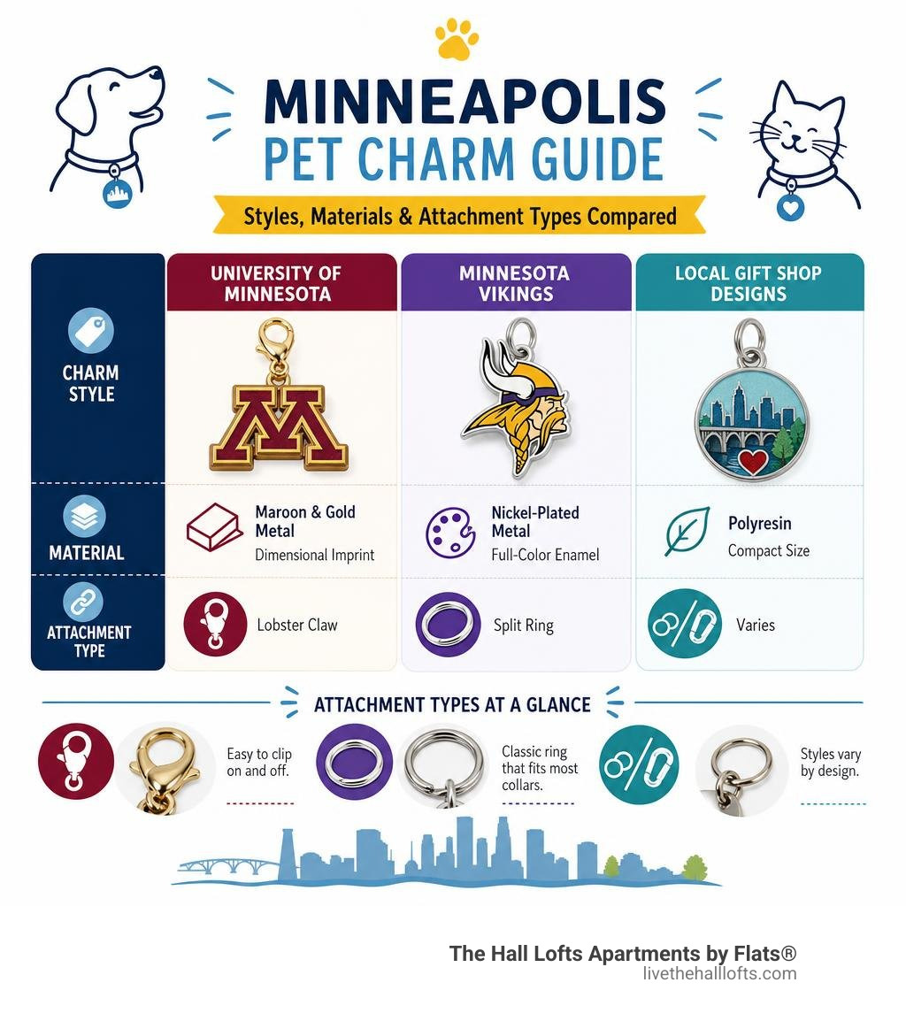 Infographic showing Minneapolis pet charm styles, materials, and attachment types compared infographic