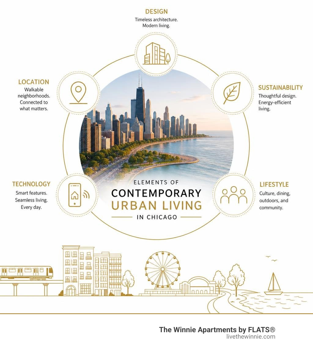 Elements of contemporary urban living in Chicago: design, location, sustainability, technology, lifestyle infographic