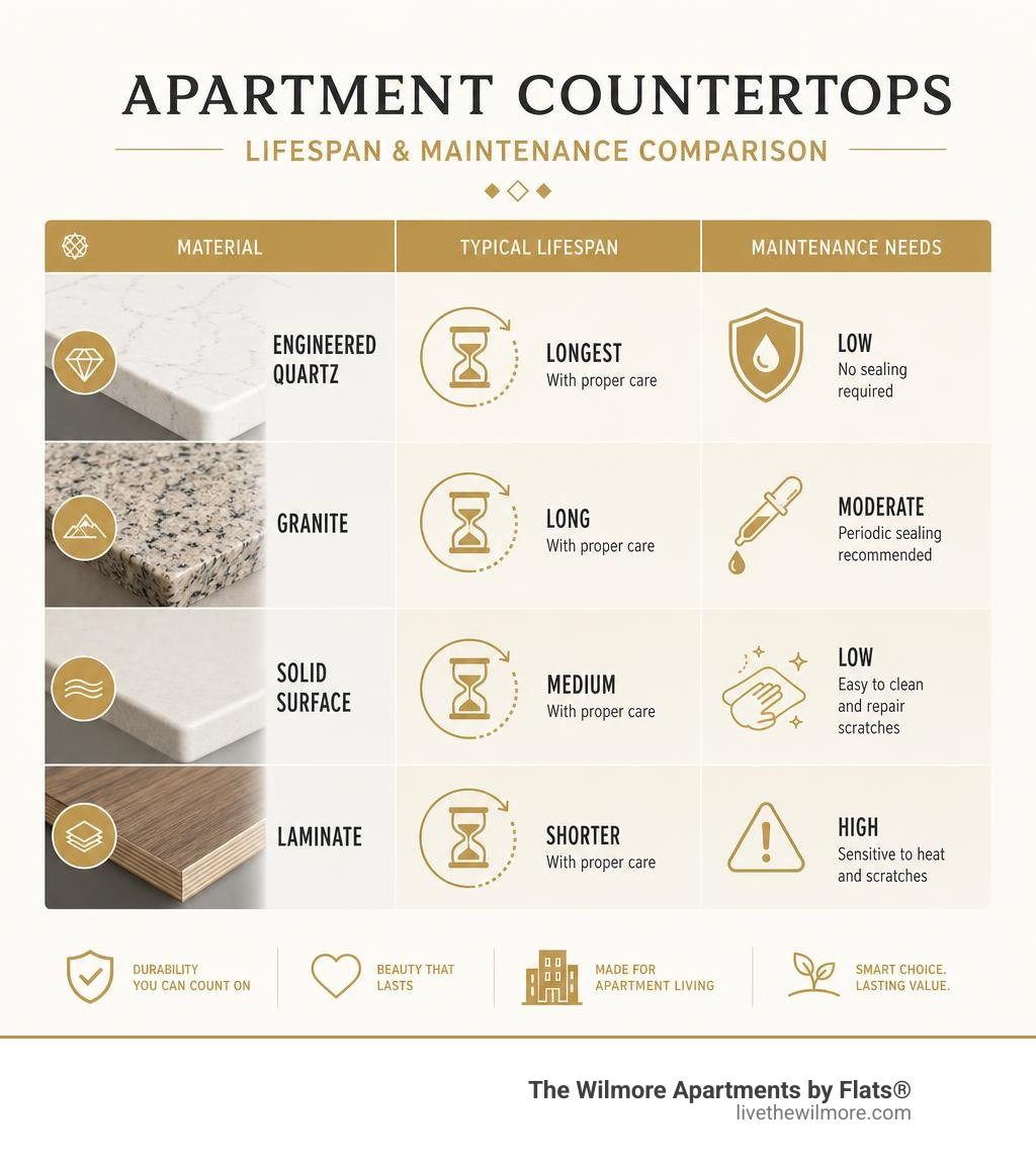 comparison of apartment countertop lifespans and maintenance needs infographic