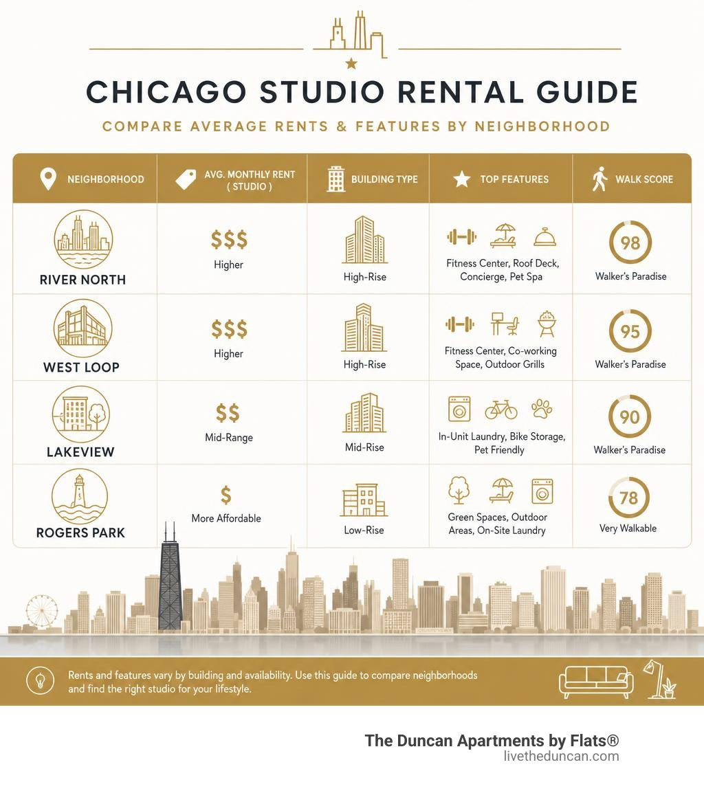 A table comparing average studio rents and features across different Chicago neighborhoods infographic A table comparing average studio rents and features across different Chicago neighborhoods infographic