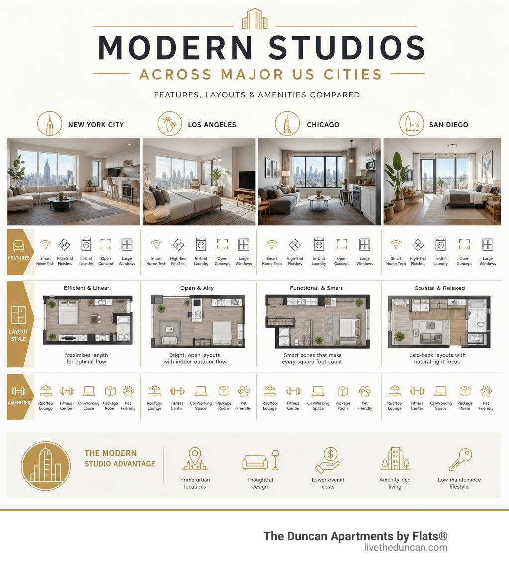 Infographic comparing modern studio apartment features, layouts, and amenities across major US cities infographic Infographic comparing modern studio apartment features, layouts, and amenities across major US cities infographic