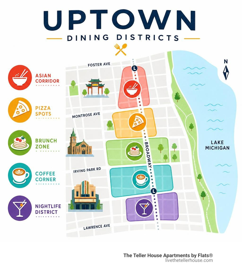 Map of Uptown dining districts showing Asian corridor, pizza spots, brunch, coffee, and nightlife zones infographic Map of Uptown dining districts showing Asian corridor, pizza spots, brunch, coffee, and nightlife zones infographic