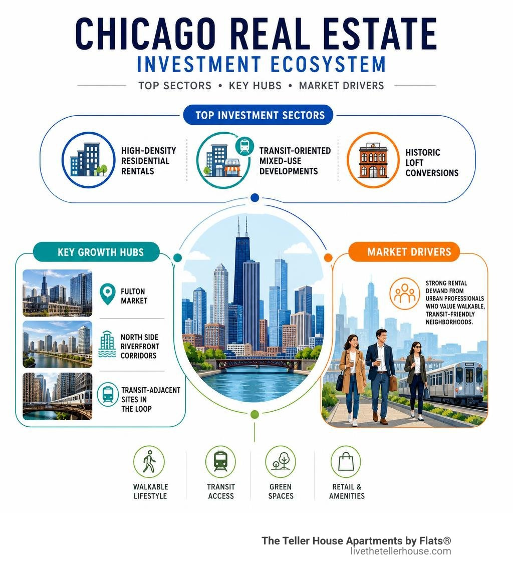 Chicago real estate investment ecosystem showing top sectors, key hubs, and market drivers infographic